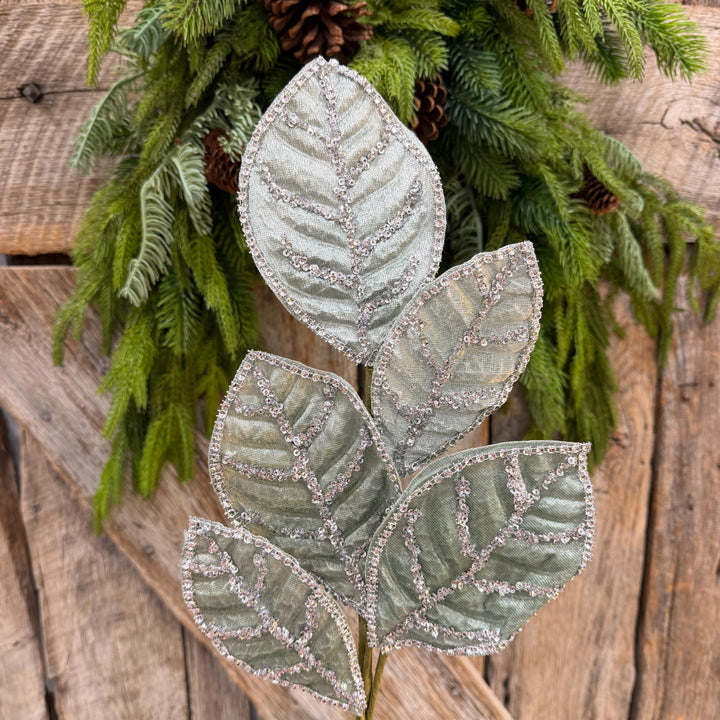 24" Light Aqua Blue Velvet Magnolia Leaf Spray, Celadon Christmas Spray
