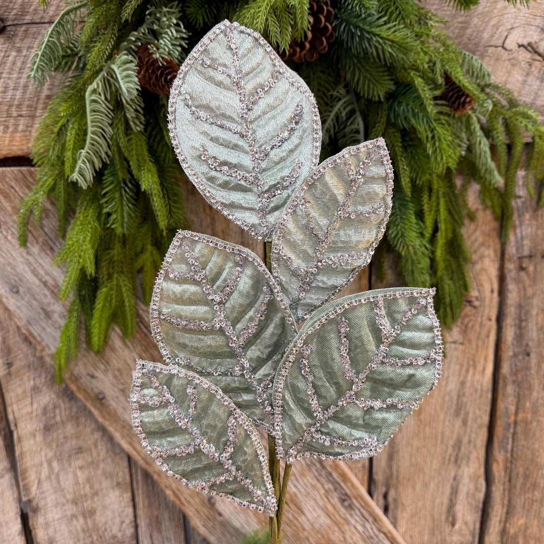 24" Light Aqua Blue Velvet Magnolia Leaf Spray, Celadon Christmas Spray