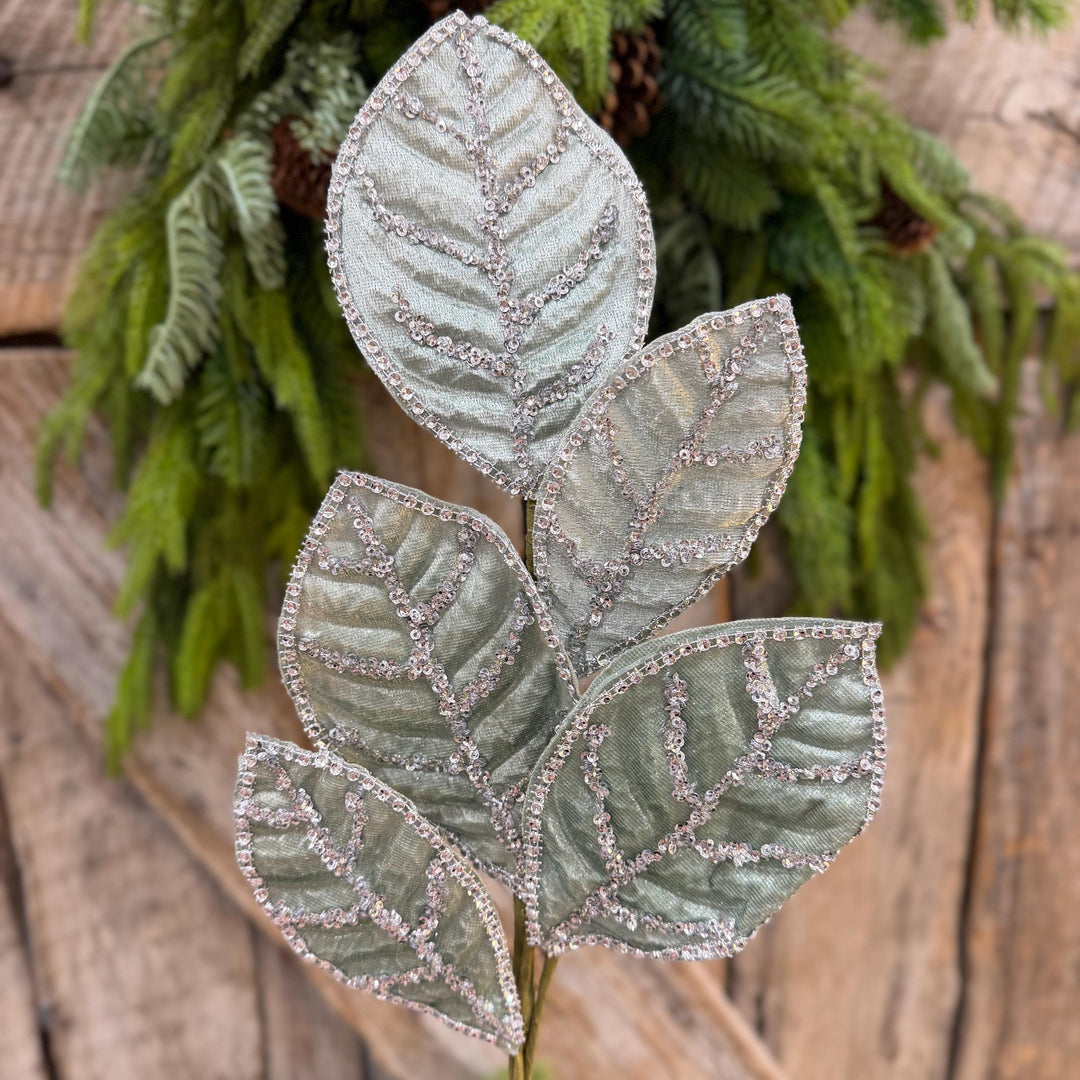 24" Light Aqua Blue Velvet Magnolia Leaf Spray, Celadon Christmas Spray