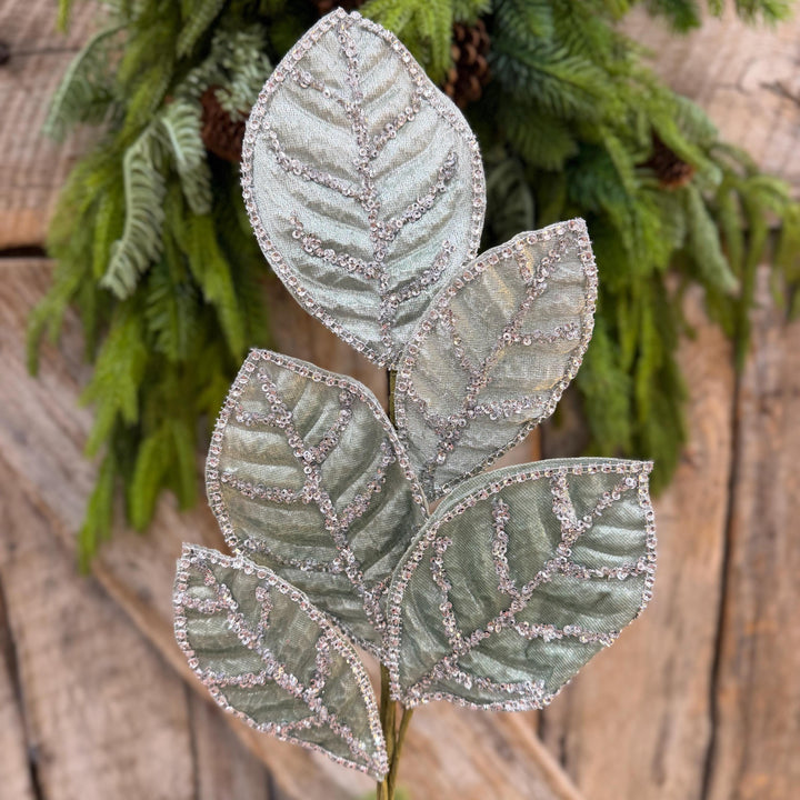 24" Light Aqua Blue Velvet Magnolia Leaf Spray, Celadon Christmas Spray