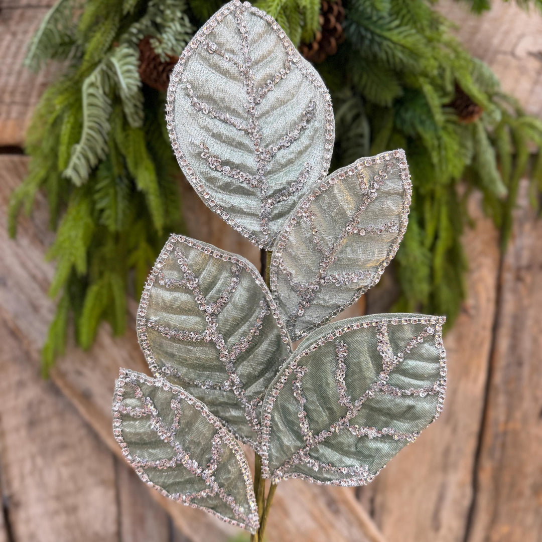 24" Light Aqua Blue Velvet Magnolia Leaf Spray, Celadon Christmas Spray