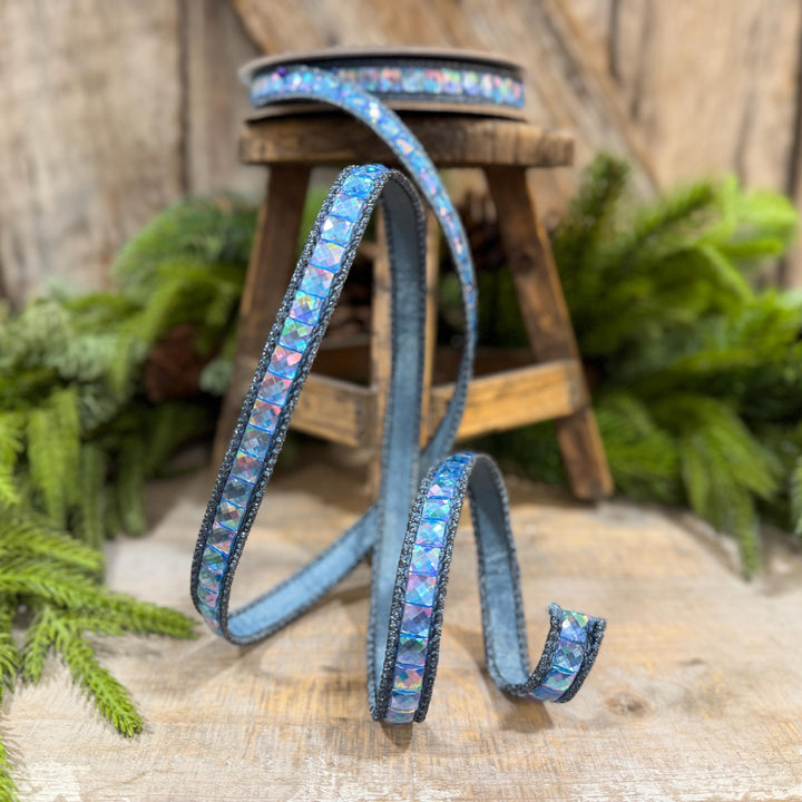 3/4" Steel Blue Gemstone Ribbon, Farrisilk Aurora Gemstones, Blue Jeweled Ribbon