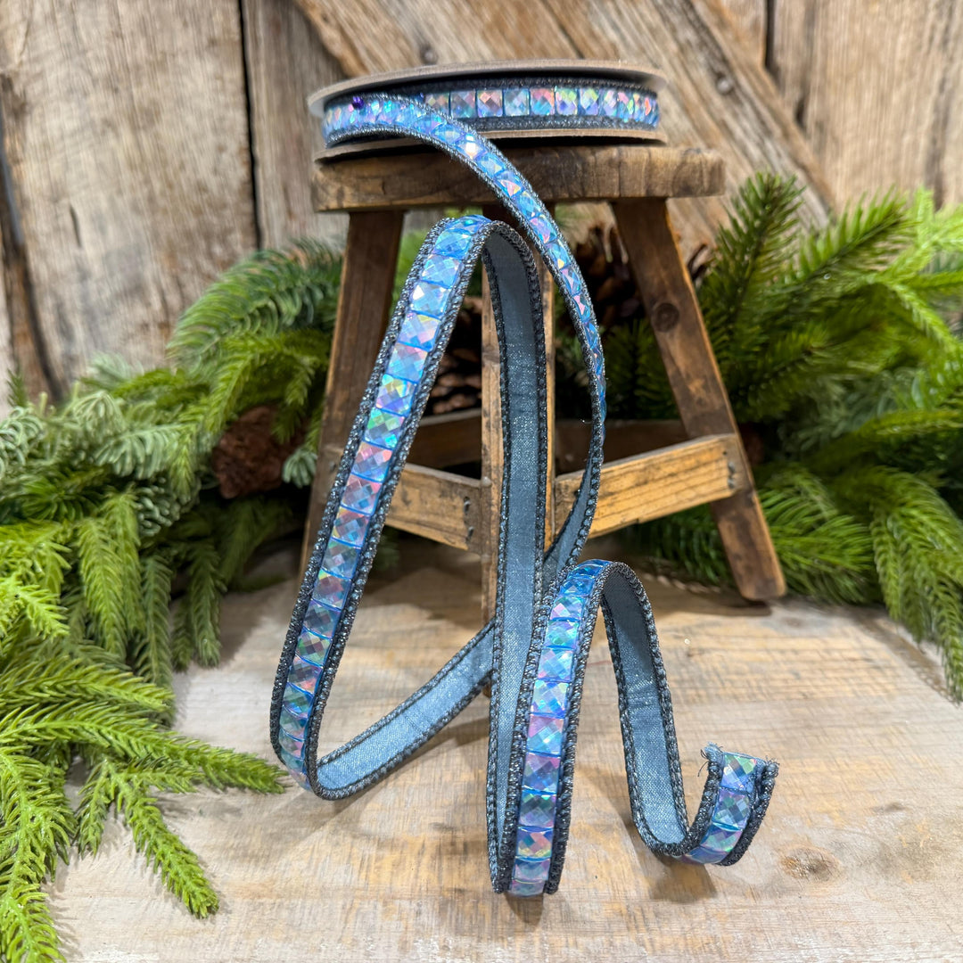 3/4" Steel Blue Gemstone Ribbon, Farrisilk Aurora Gemstones, Blue Jeweled Ribbon