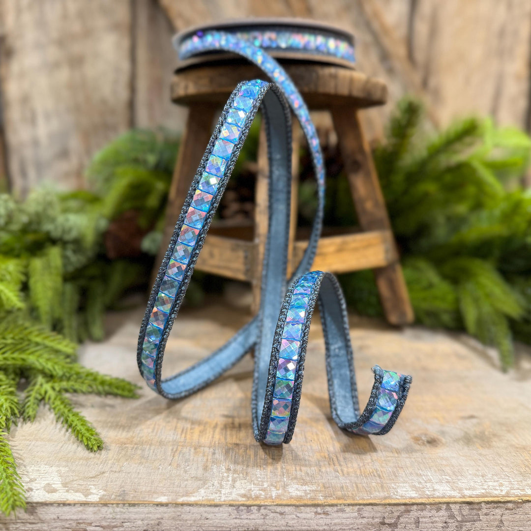 3/4" Steel Blue Gemstone Ribbon, Farrisilk Aurora Gemstones, Blue Jeweled Ribbon