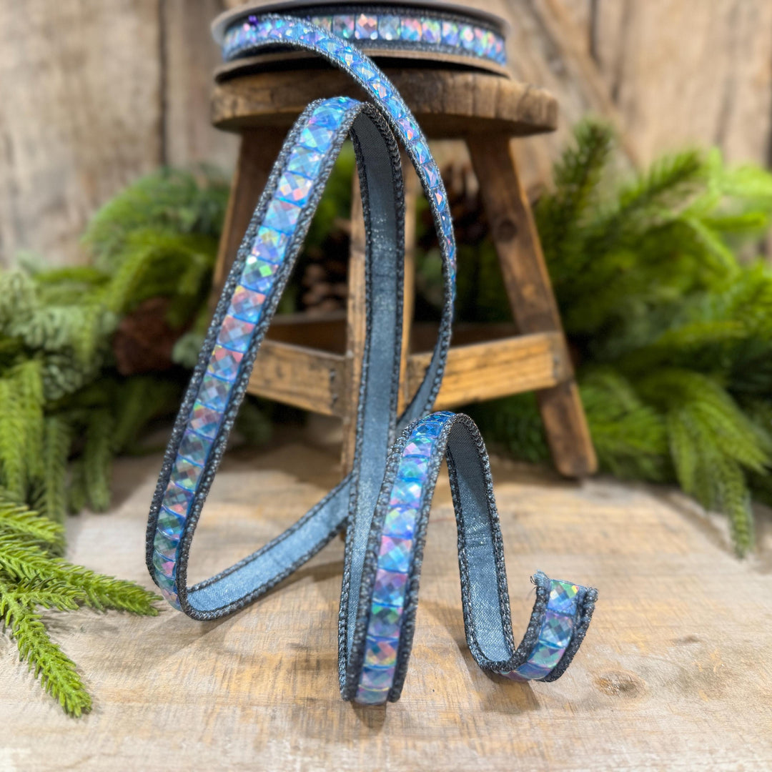 3/4" Steel Blue Gemstone Ribbon, Farrisilk Aurora Gemstones, Blue Jeweled Ribbon