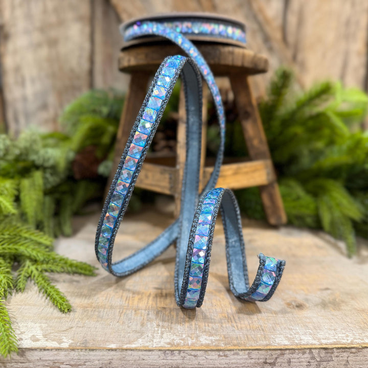 3/4" Steel Blue Gemstone Ribbon, Farrisilk Aurora Gemstones, Blue Jeweled Ribbon