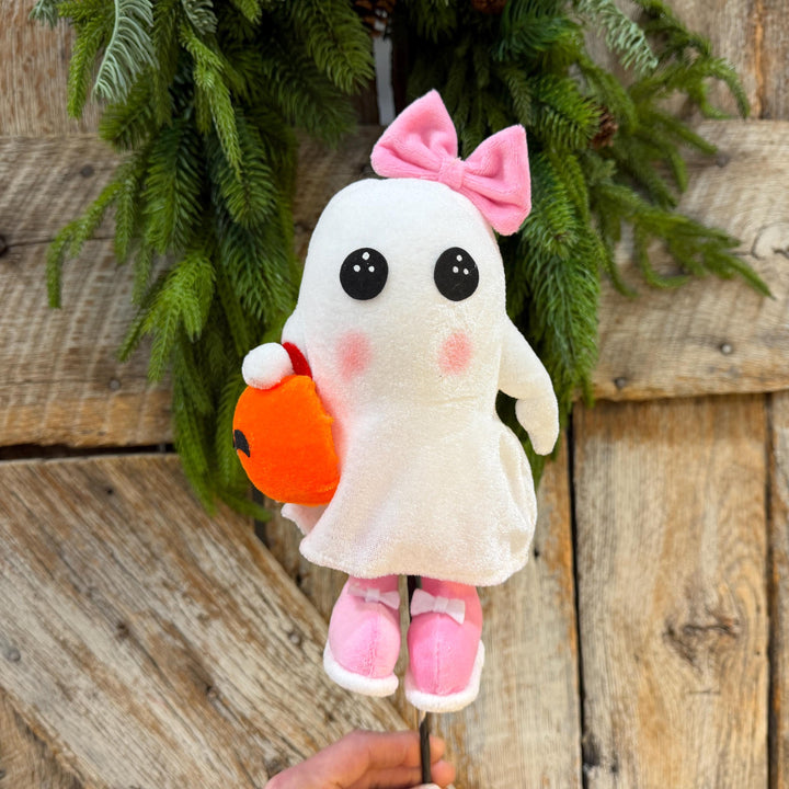 21" Girl Ghost Pumpkin Halloween Spray, Pink Bow Cute Spooky Decor