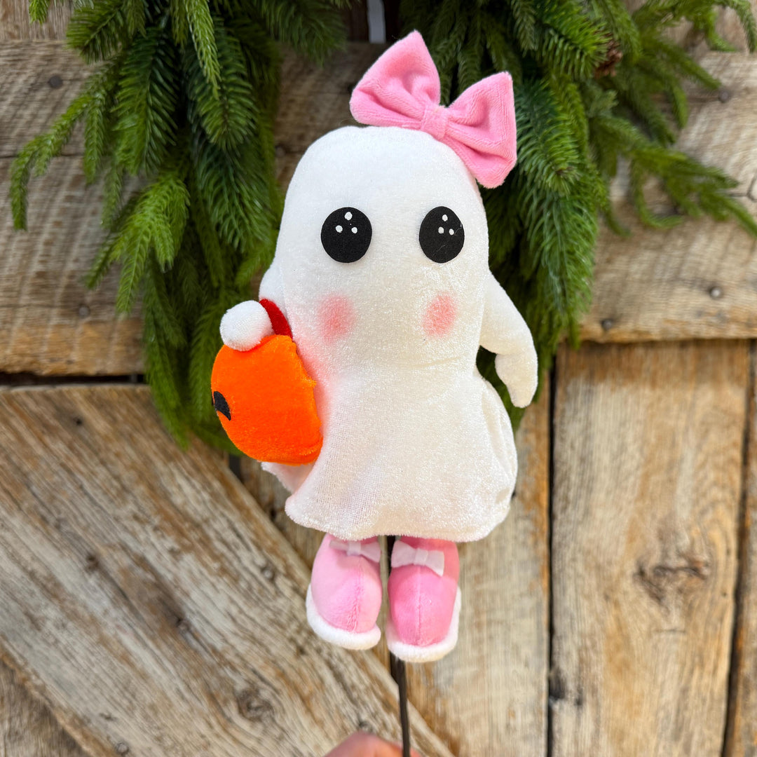 21" Girl Ghost Pumpkin Halloween Spray, Pink Bow Cute Spooky Decor