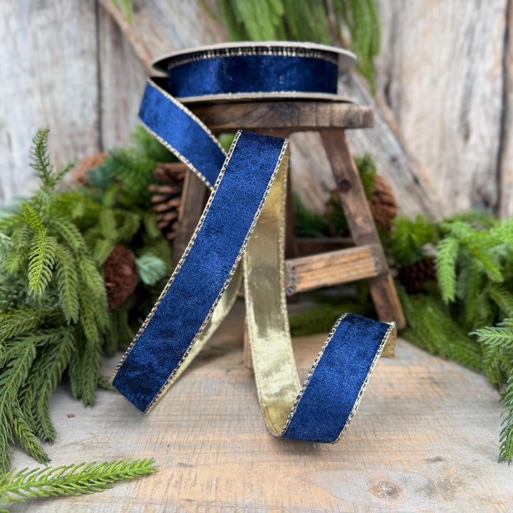 1" Navy Blue Velet ribbon with metallic gold backing