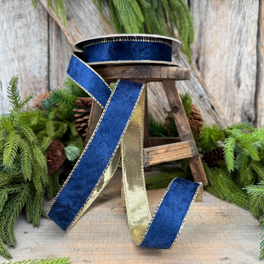 1" Navy Blue Velet ribbon with metallic gold backing