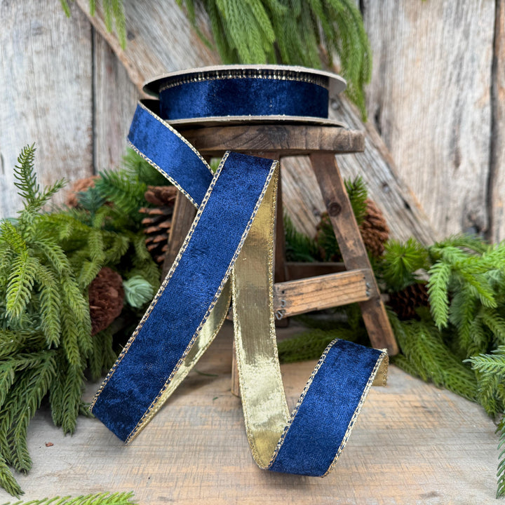 1" Navy Blue Velet ribbon with metallic gold backing
