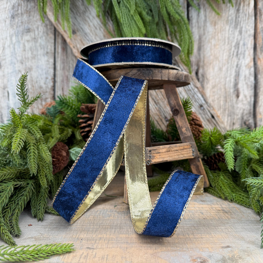 1" Navy Blue Velet ribbon with metallic gold backing