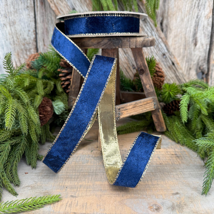 1" Navy Blue Velet ribbon with metallic gold backing