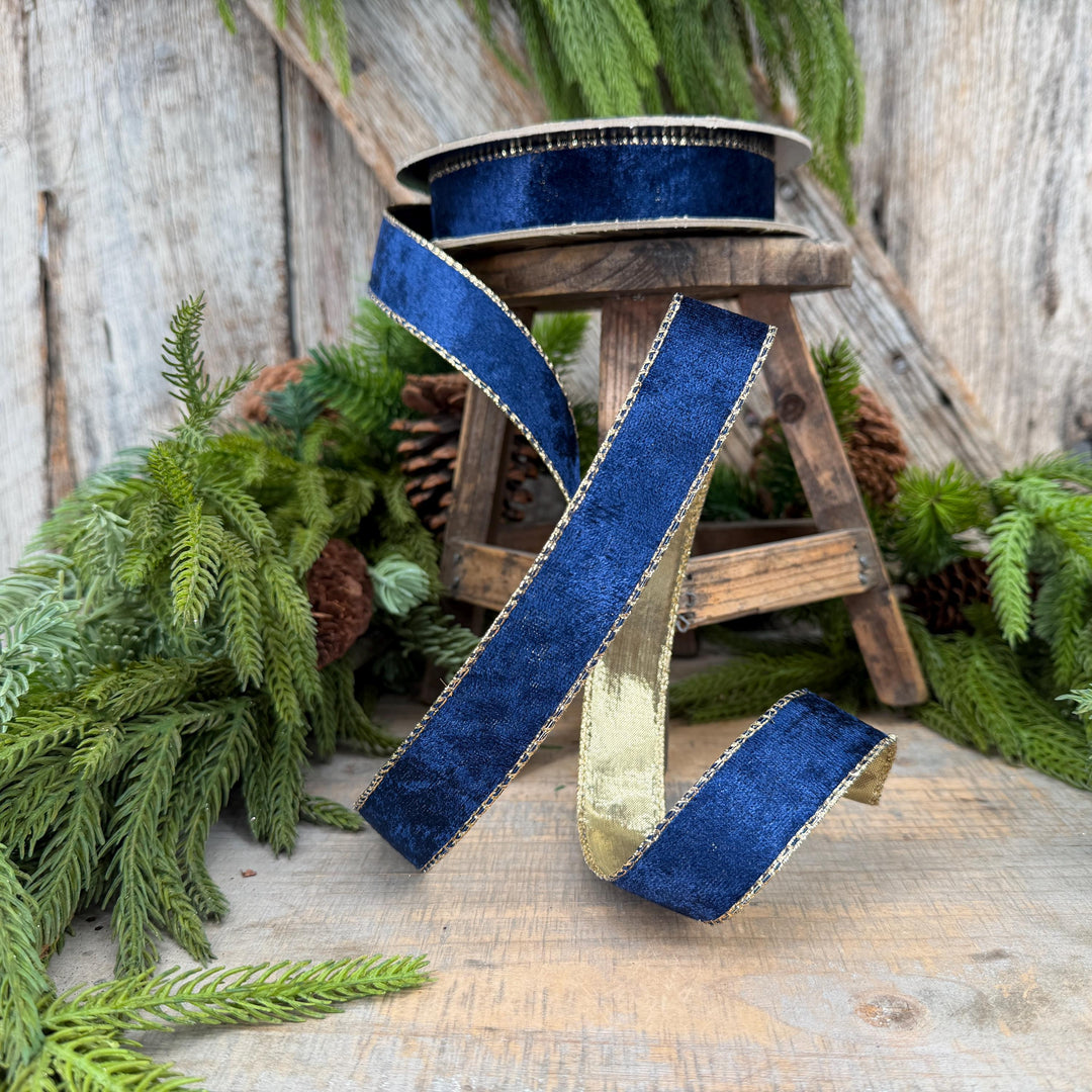 1" Navy Blue Velet ribbon with metallic gold backing