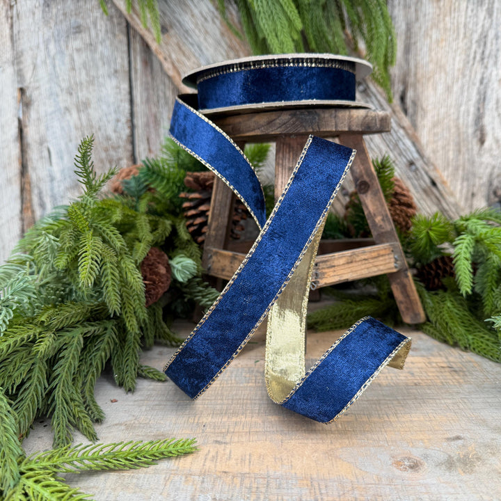 1" Navy Blue Velet ribbon with metallic gold backing