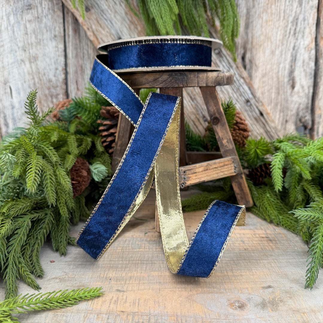 1" Navy Blue Velet ribbon with metallic gold backing