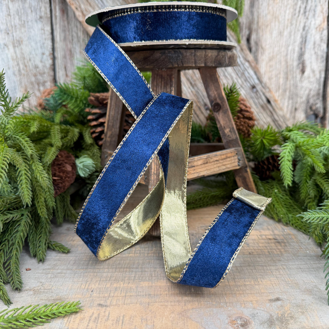 1" Navy Blue Velet ribbon with metallic gold backing