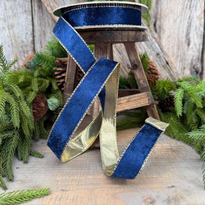 1" Navy Blue Velet ribbon with metallic gold backing