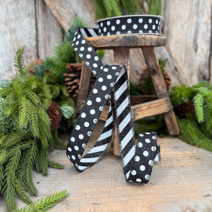 7/8" Black White Polka Dot &amp; Glitter Candy Stripe Wired Ribbon, 10 Yard Roll