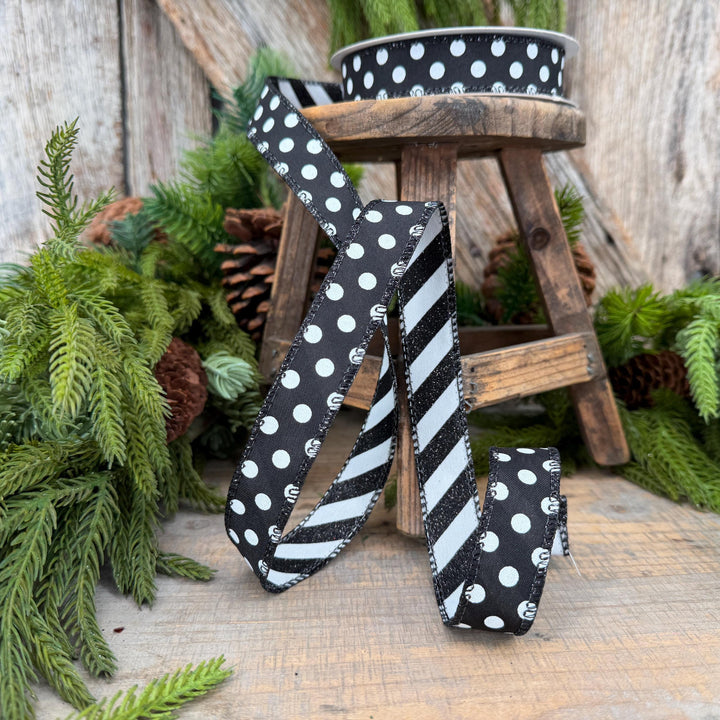 7/8" Black White Polka Dot &amp; Glitter Candy Stripe Wired Ribbon, 10 Yard Roll