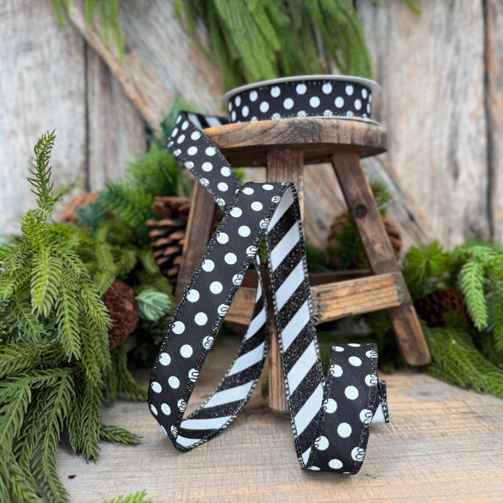 7/8" Black White Polka Dot &amp; Glitter Candy Stripe Wired Ribbon, 10 Yard Roll