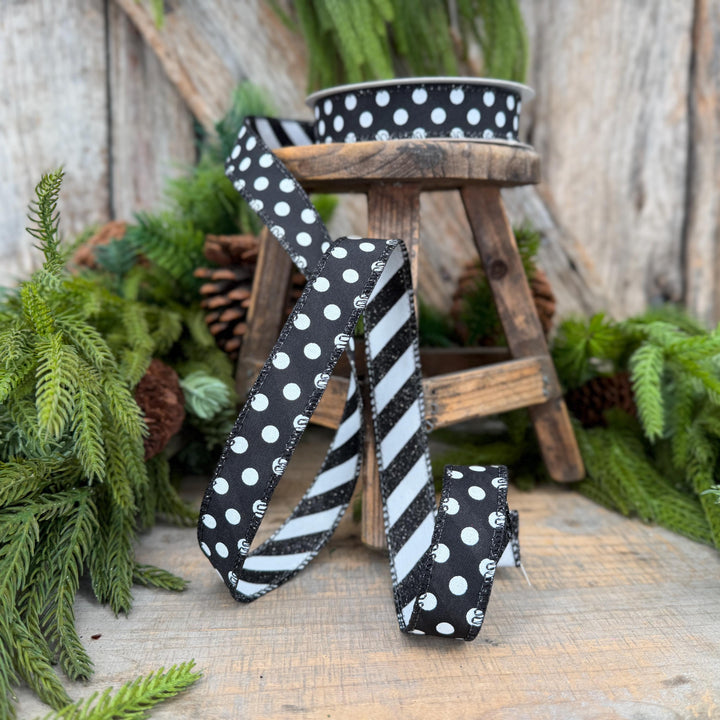 7/8" Black White Polka Dot &amp; Glitter Candy Stripe Wired Ribbon, 10 Yard Roll
