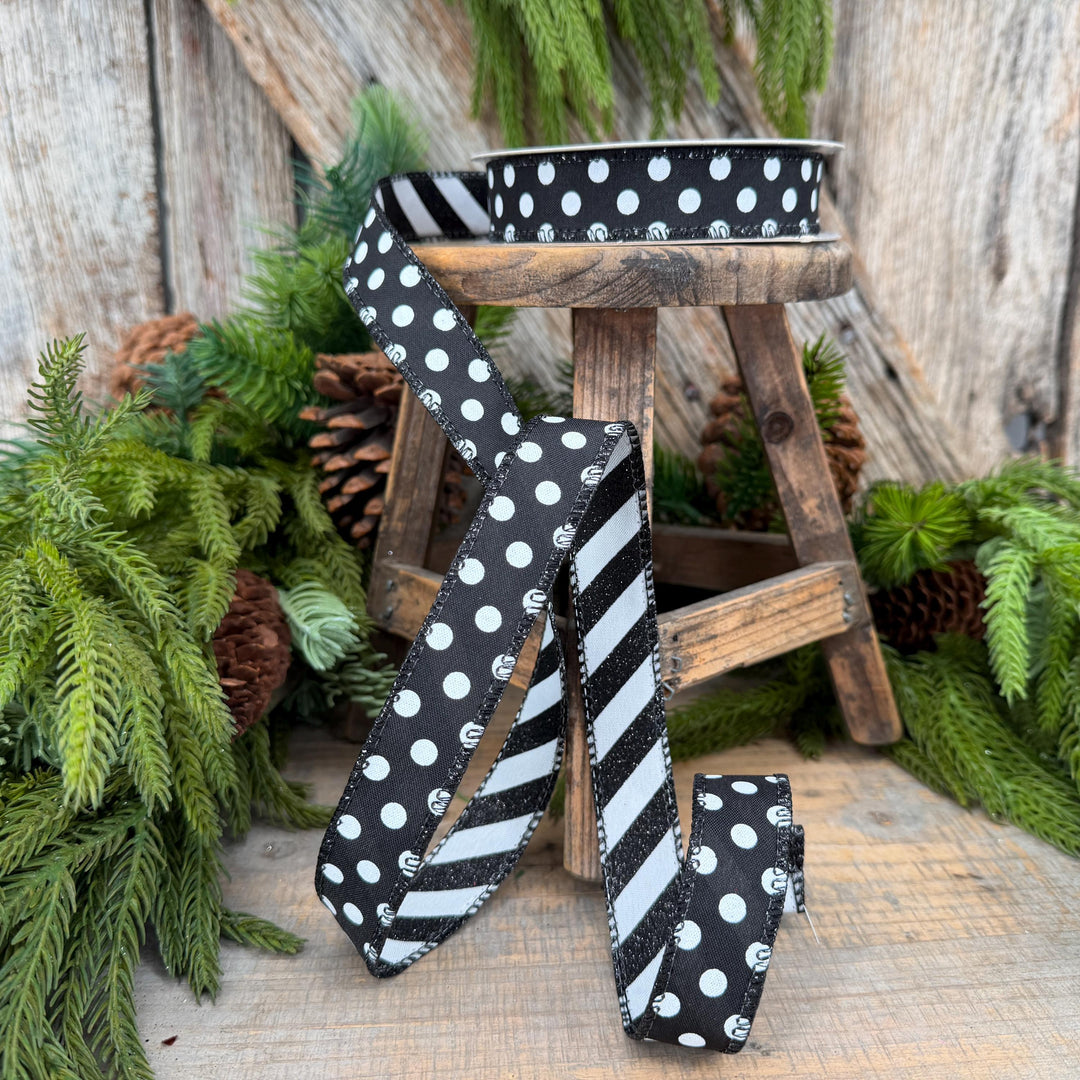 7/8" Black White Polka Dot &amp; Glitter Candy Stripe Wired Ribbon, 10 Yard Roll