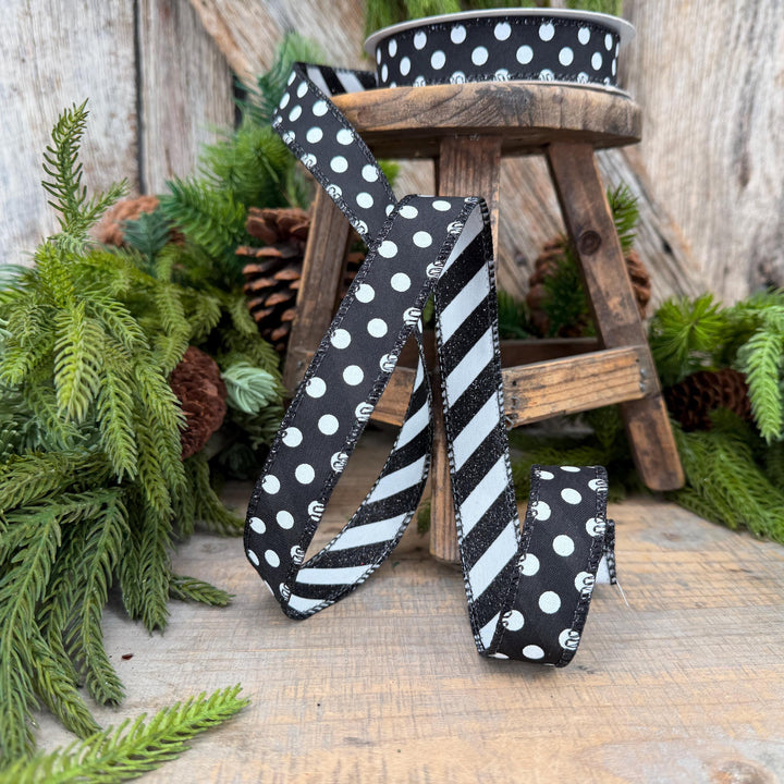 7/8" Black White Polka Dot &amp; Glitter Candy Stripe Wired Ribbon, 10 Yard Roll