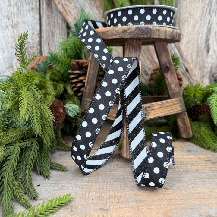 7/8" Black White Polka Dot &amp; Glitter Candy Stripe Wired Ribbon, 10 Yard Roll