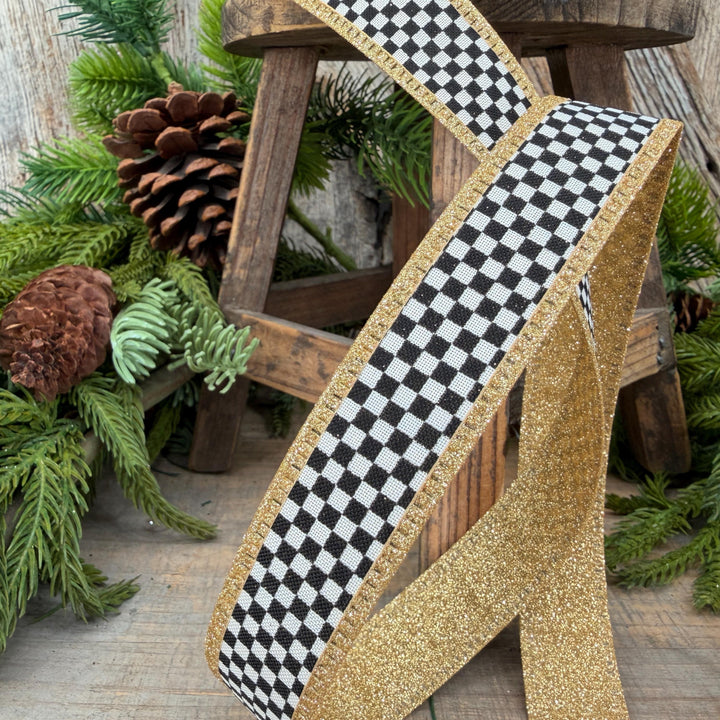 1" Black White Check Gold Glitter Wired Ribbon, 10 Yard Roll