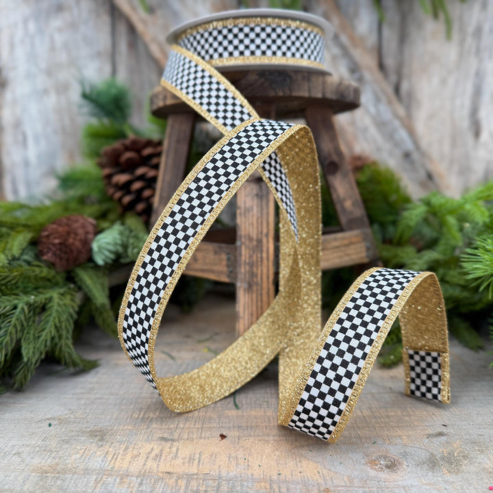 1" Black White Check Gold Glitter Wired Ribbon, 10 Yard Roll