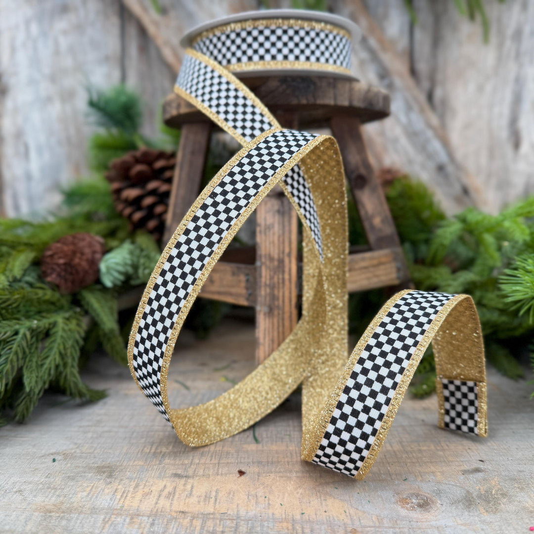 1" Black White Check Gold Glitter Wired Ribbon, 10 Yard Roll