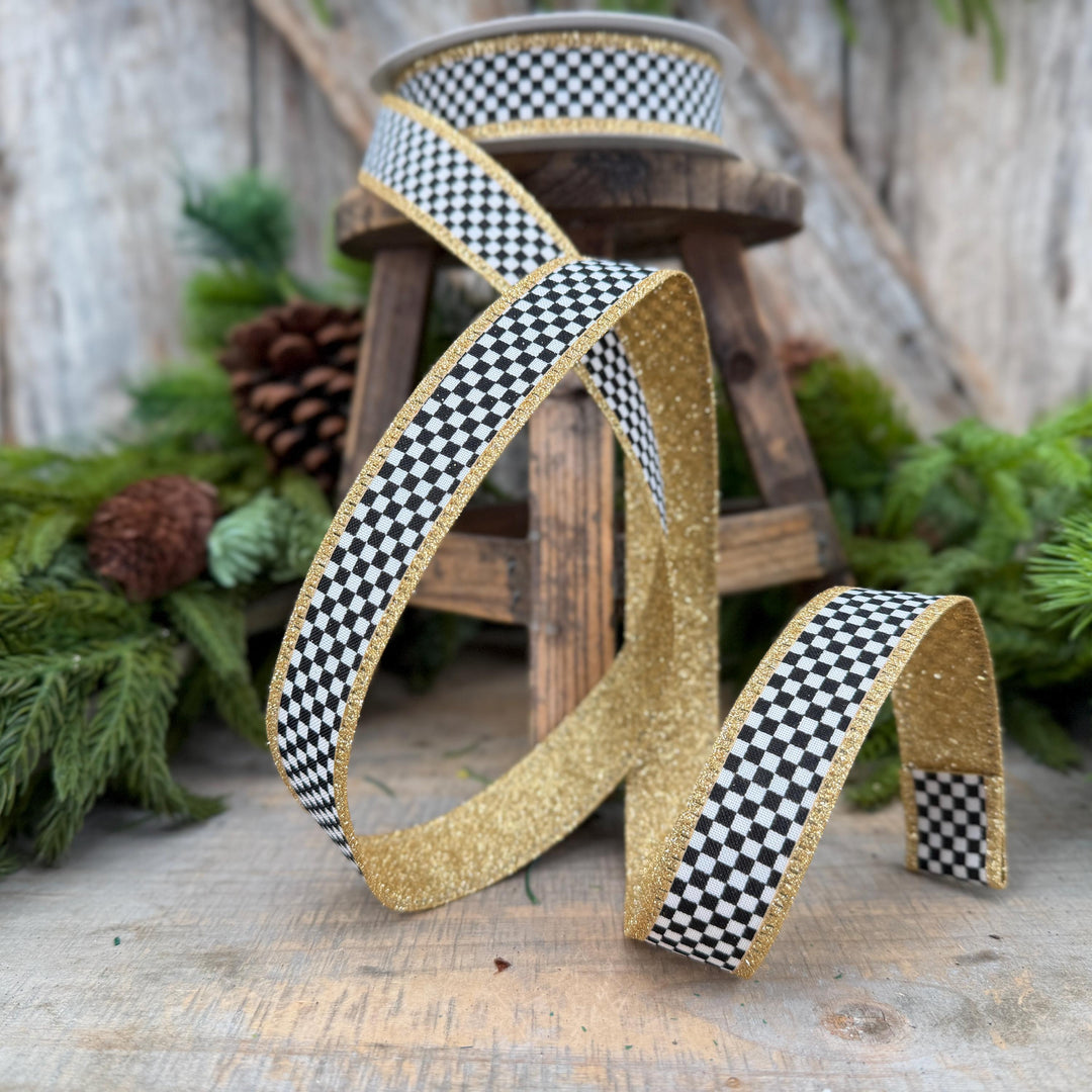 1" Black White Check Gold Glitter Wired Ribbon, 10 Yard Roll