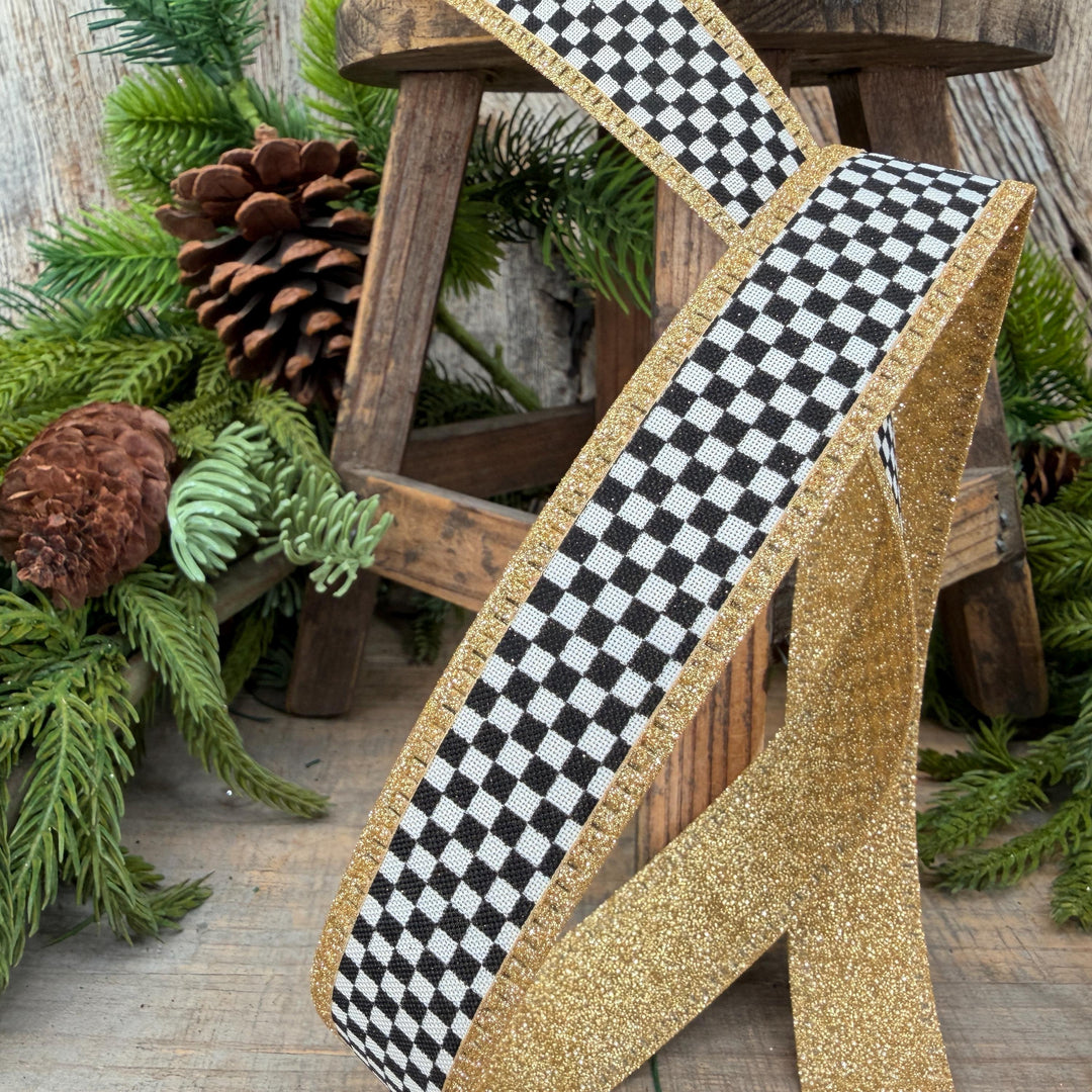 1" Black White Check Gold Glitter Wired Ribbon, 10 Yard Roll