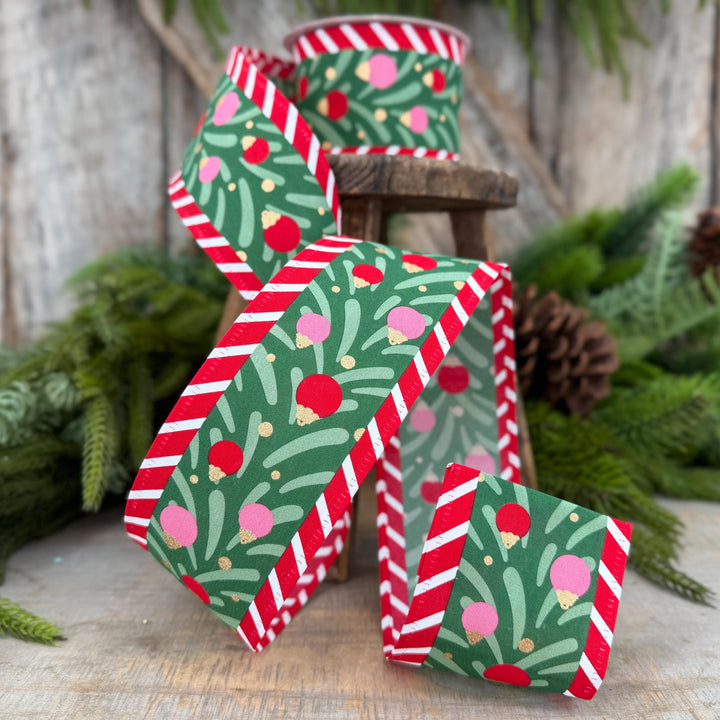 2.5" Red Pink Green Ribbon with Ornaments Candy Stripe Edge 10 Yard Roll