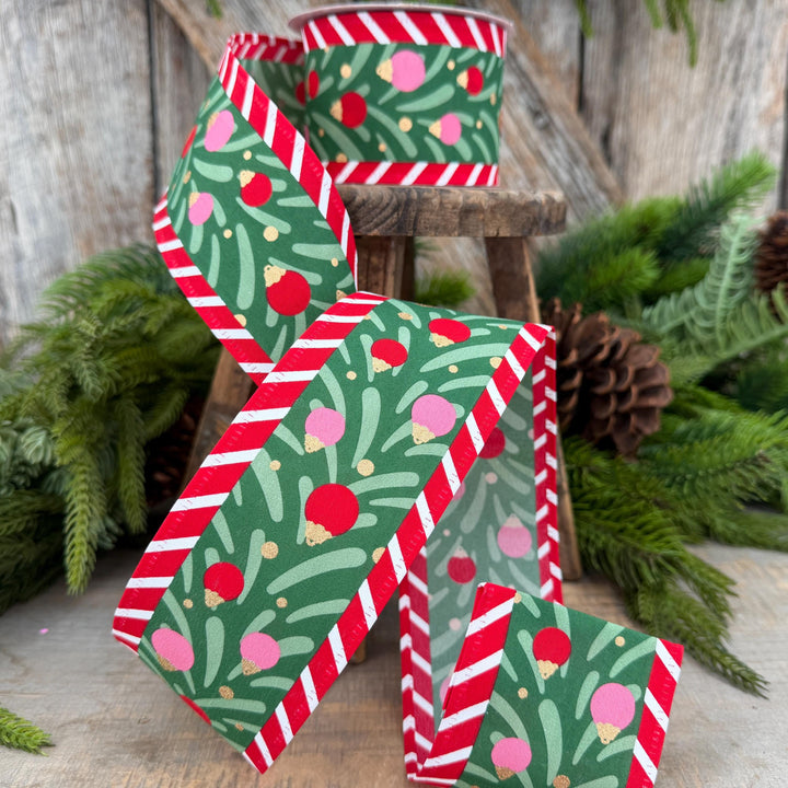 2.5" Red Pink Green Ribbon with Ornaments Candy Stripe Edge 10 Yard Roll