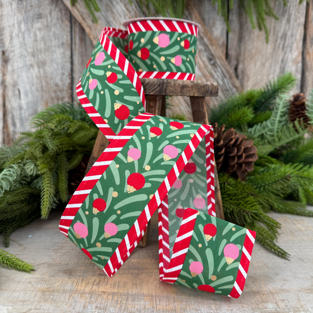 2.5" Red Pink Green Ribbon with Ornaments Candy Stripe Edge 10 Yard Roll