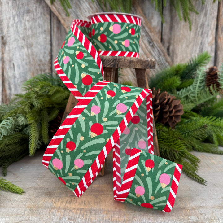 2.5" Red Pink Green Ribbon with Ornaments Candy Stripe Edge 10 Yard Roll