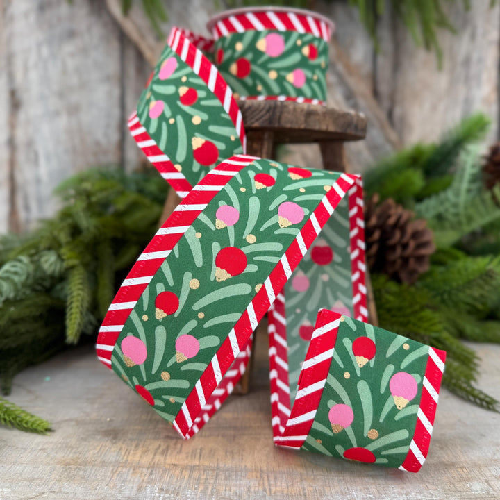 2.5" Red Pink Green Ribbon with Ornaments Candy Stripe Edge 10 Yard Roll