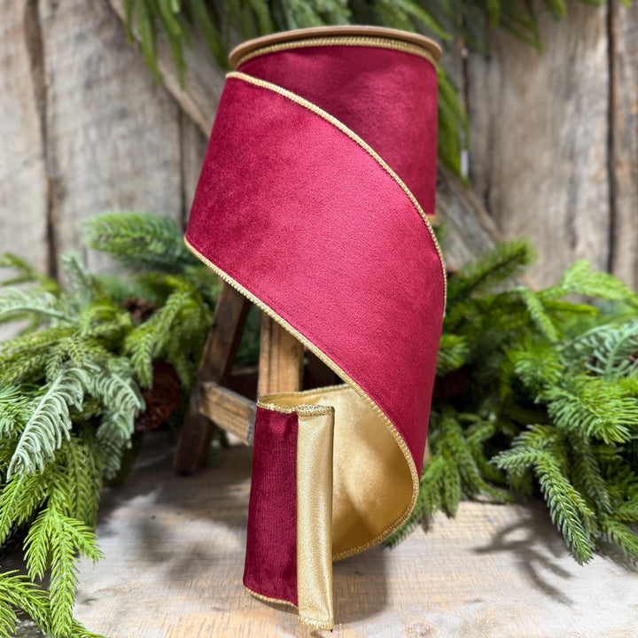 4" Burgundy Gold Velvet Ribbon, Burgundy Velvet Ribbon, Christmas RIbbon, Red and Gold Velvet Ribbon, Designer Ribbon, Gift Wrap Ribbon