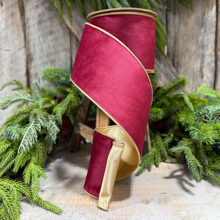 4" Burgundy Gold Velvet Ribbon, Burgundy Velvet Ribbon, Christmas RIbbon, Red and Gold Velvet Ribbon, Designer Ribbon, Gift Wrap Ribbon