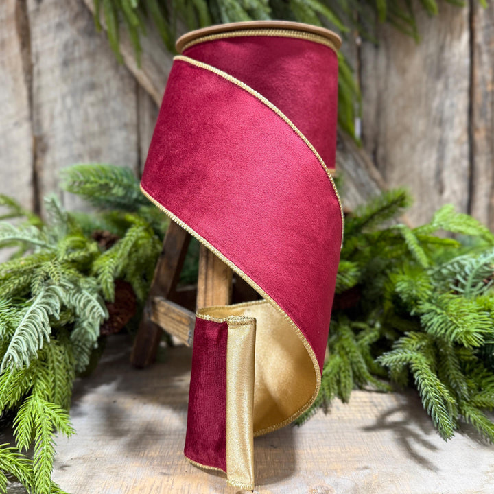 4" Burgundy Gold Velvet Ribbon, Burgundy Velvet Ribbon, Christmas RIbbon, Red and Gold Velvet Ribbon, Designer Ribbon, Gift Wrap Ribbon