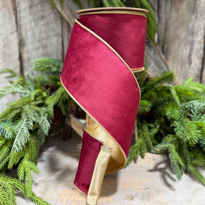 4" Burgundy Gold Velvet Ribbon, Burgundy Velvet Ribbon, Christmas RIbbon, Red and Gold Velvet Ribbon, Designer Ribbon, Gift Wrap Ribbon