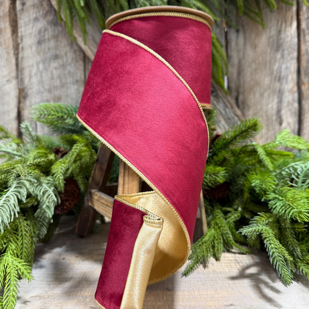 4" Burgundy Gold Velvet Ribbon, Burgundy Velvet Ribbon, Christmas RIbbon, Red and Gold Velvet Ribbon, Designer Ribbon, Gift Wrap Ribbon