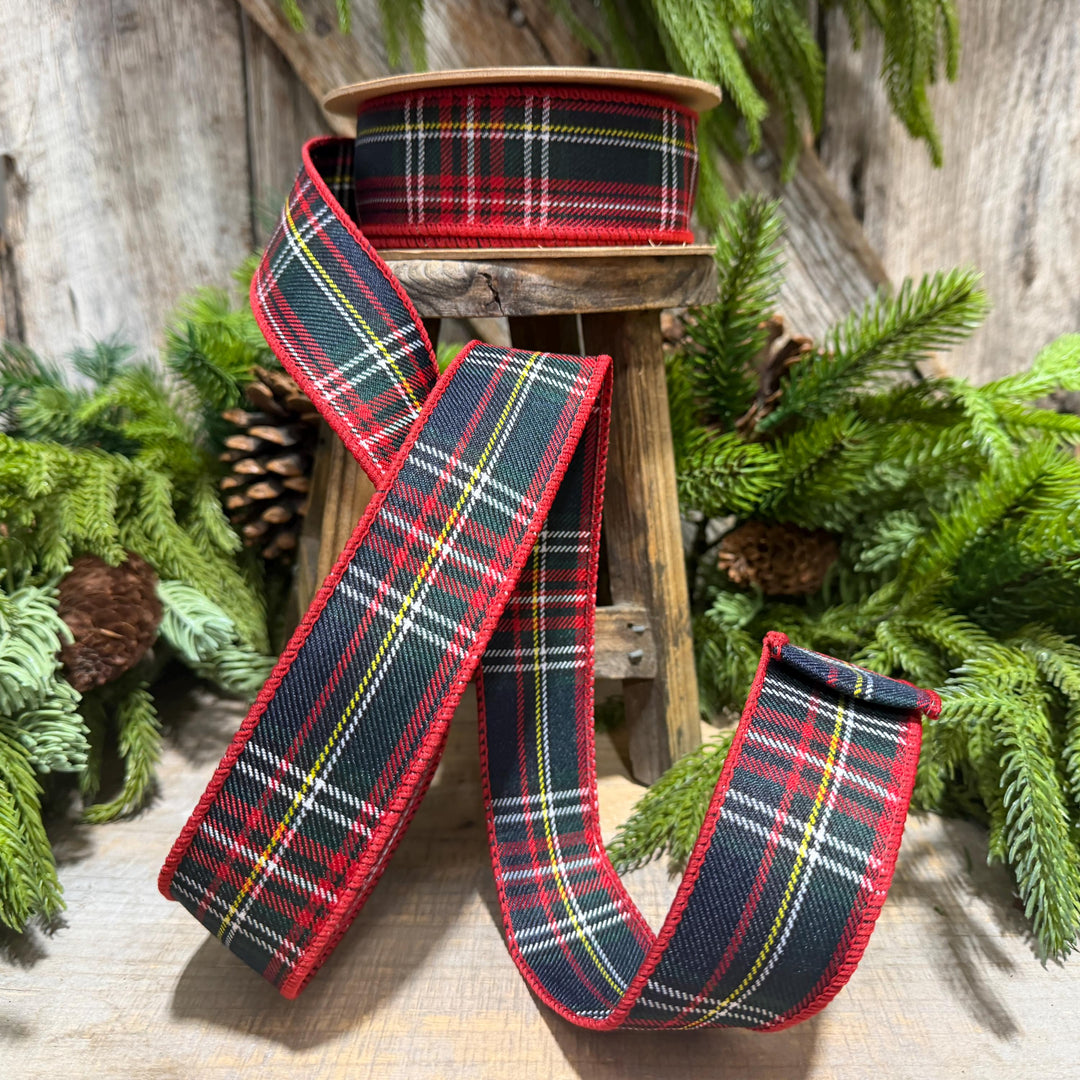 1.5" Navy Blue Traditional CHristmas Plaid, Wired Ribbon, Tartan Plaid Ribbon