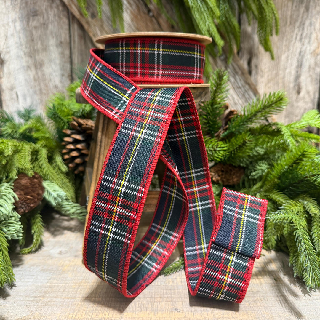 1.5" Navy Blue Traditional CHristmas Plaid, Wired Ribbon, Tartan Plaid Ribbon