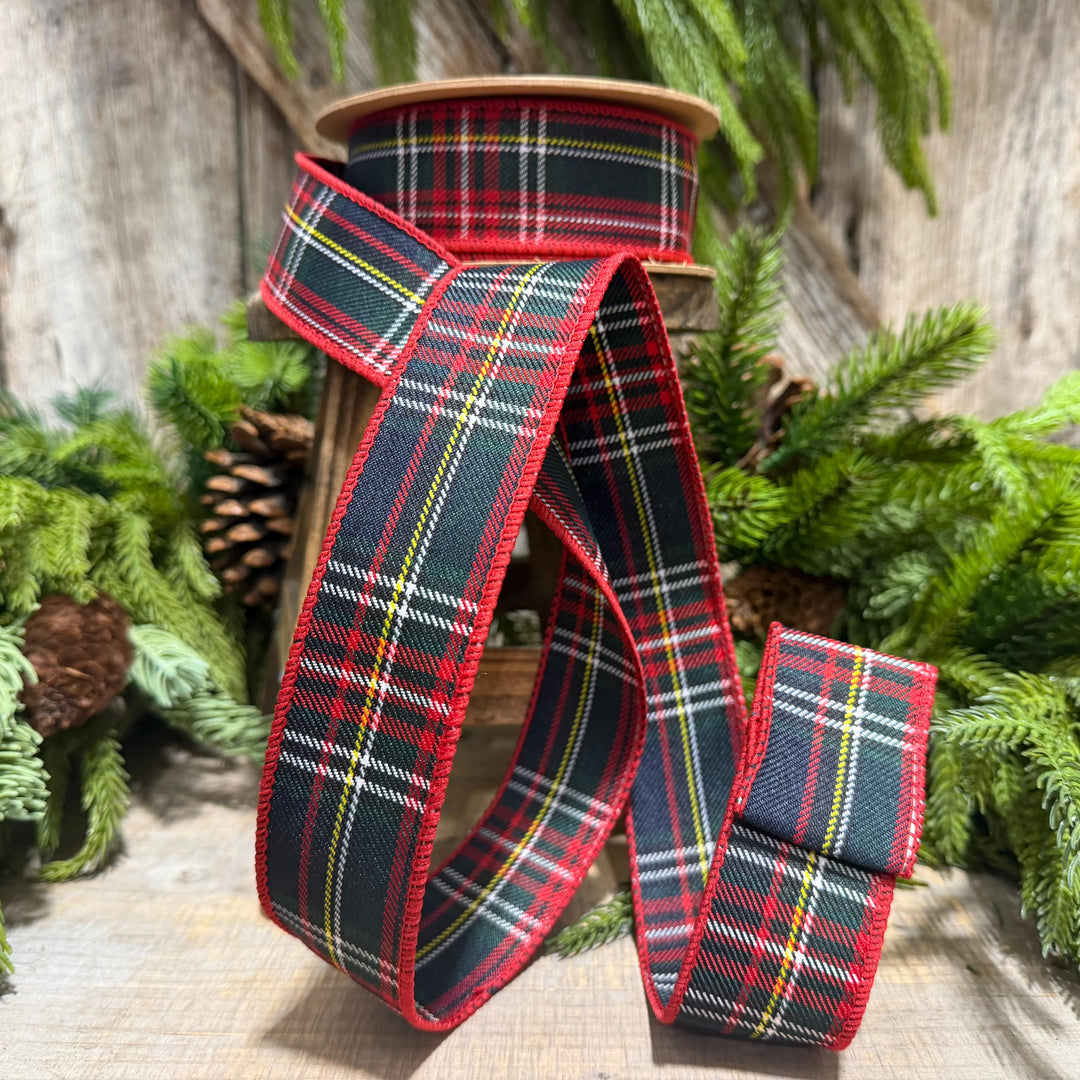 1.5" Navy Blue Traditional CHristmas Plaid, Wired Ribbon, Tartan Plaid Ribbon
