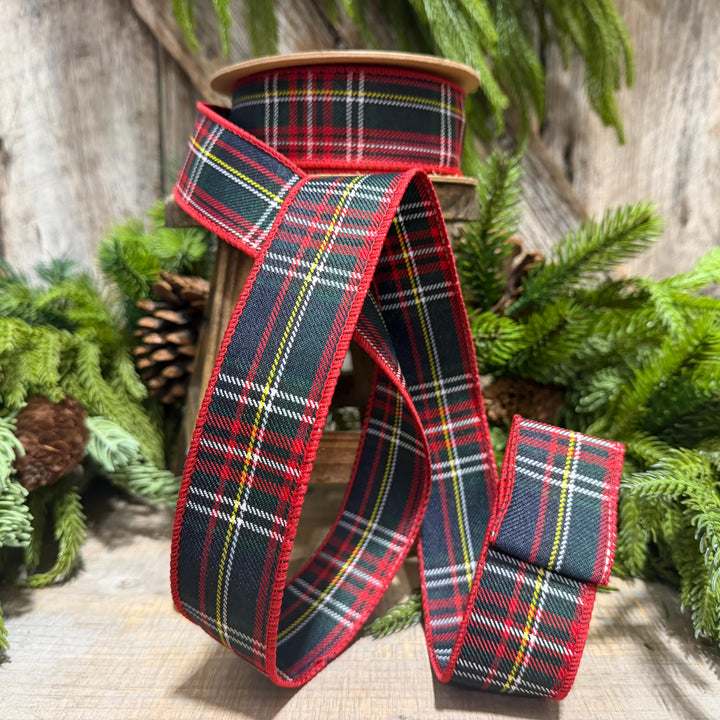 1.5" Navy Blue Traditional CHristmas Plaid, Wired Ribbon, Tartan Plaid Ribbon