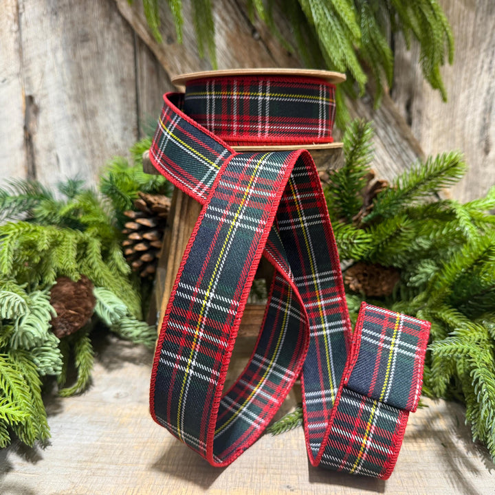 1.5" Navy Blue Traditional CHristmas Plaid, Wired Ribbon, Tartan Plaid Ribbon
