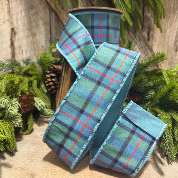 2.5" Dusty Blue Tartan Plaid Ribbon, Christmas Plaid Wired Ribbon, Blue Chirstmas Plaid RIbbon